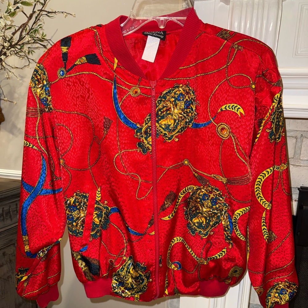 ERENA by IRENE KOEUIG Vintage Red Multi Coat of Arms Bomber zip Jacket PETITE